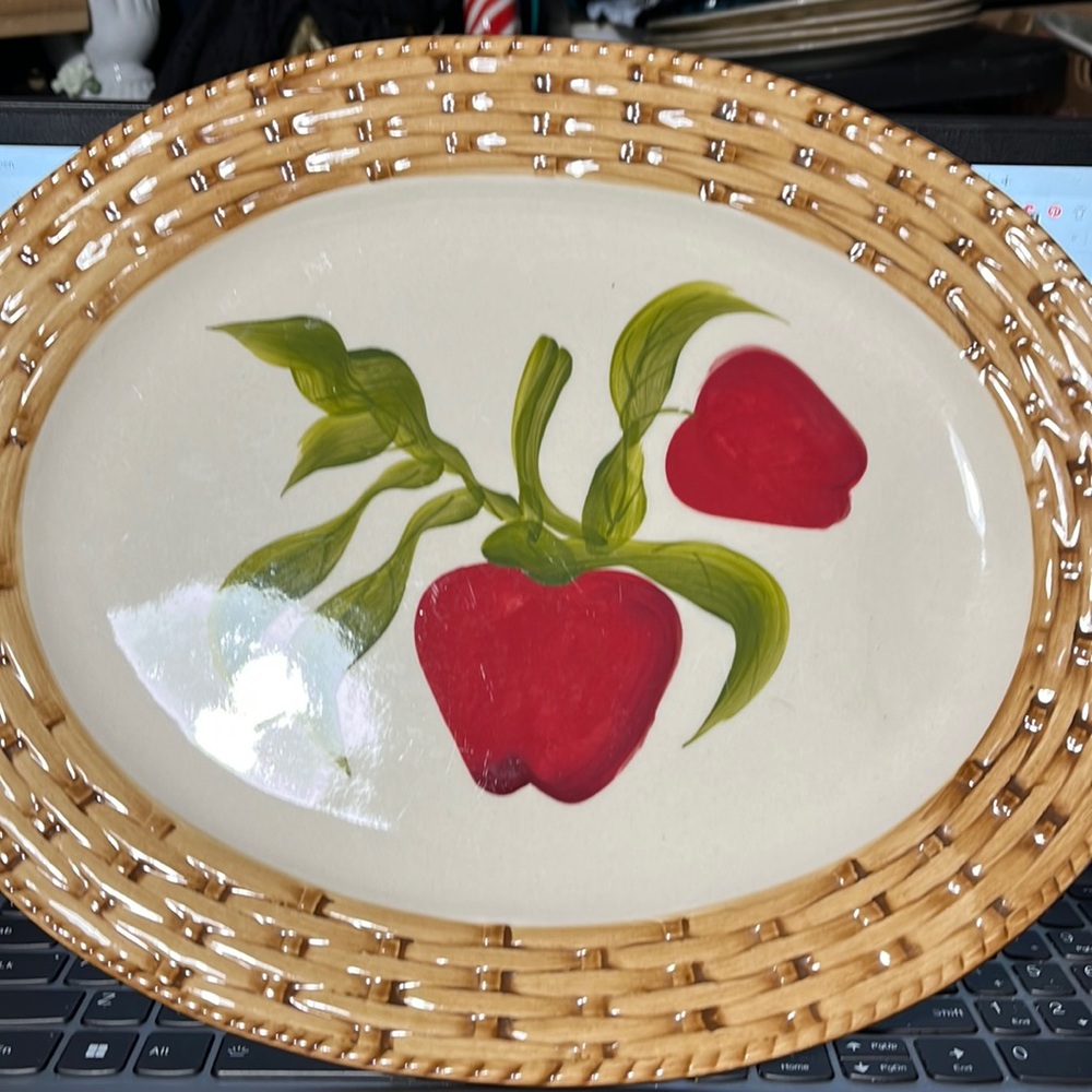 Vintage Alco Industries Oval Platters Apples & Basket Weave Design 13 inches